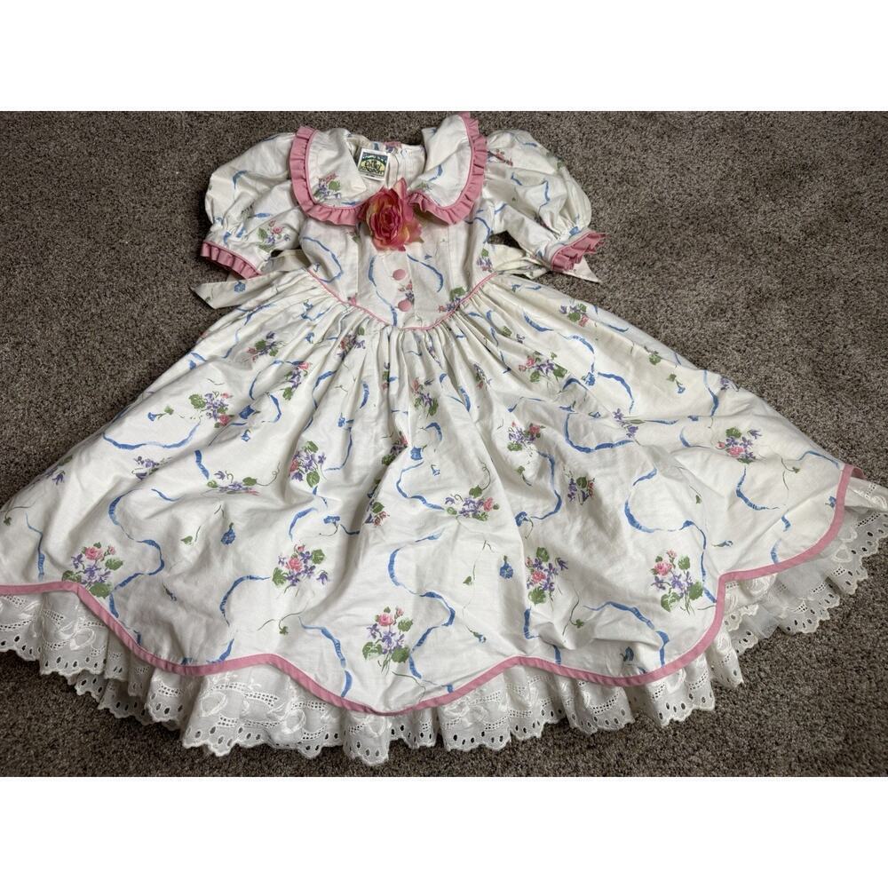 Vintage Daisy Kingdom Dress White Floral Full Skirt Size 5 Prairie Puff Sleeve